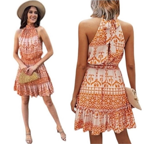 Orange and peach summer halter neck dress - Picture 1 of 7